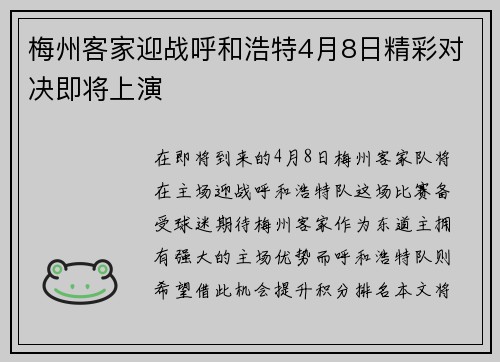 梅州客家迎战呼和浩特4月8日精彩对决即将上演