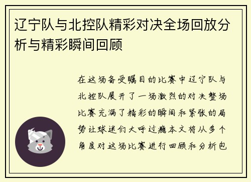 辽宁队与北控队精彩对决全场回放分析与精彩瞬间回顾