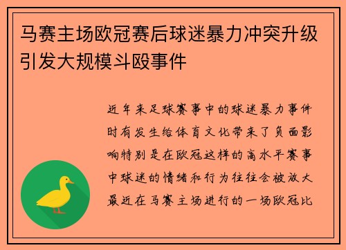 马赛主场欧冠赛后球迷暴力冲突升级引发大规模斗殴事件